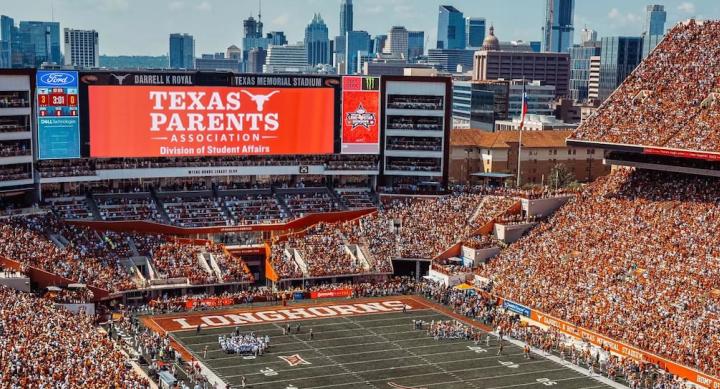 Texas Parents logo on video board display at Longhorns home game